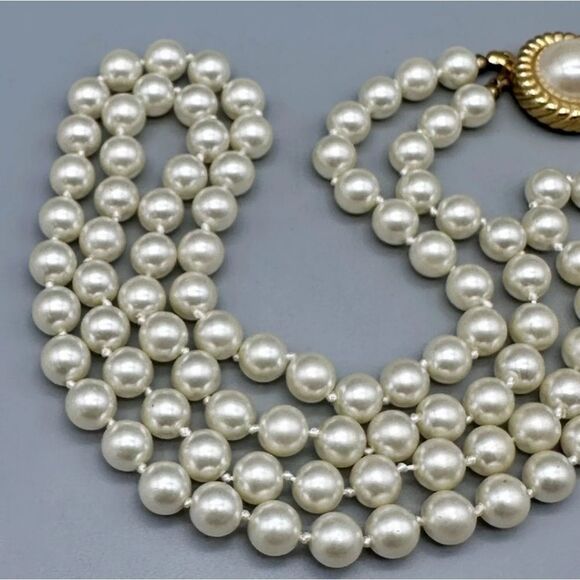 Vintage Gold Tone Pearl Beaded Double Strand Necklace,18" - Picture 3 of 5